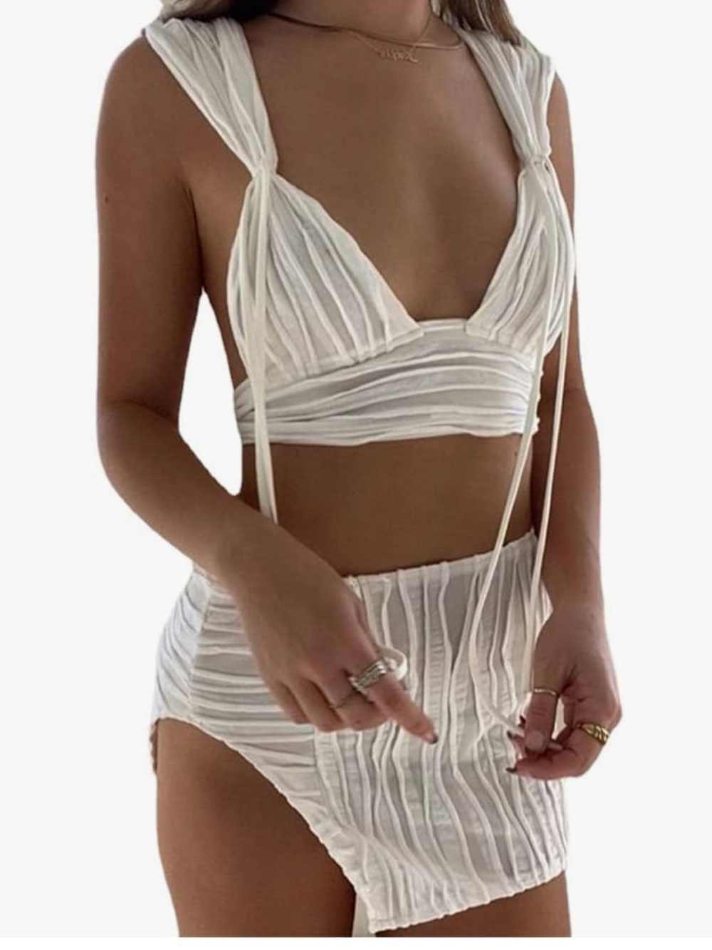 White Ribbed Two-Piece Bralette & Skirt Set  cover up